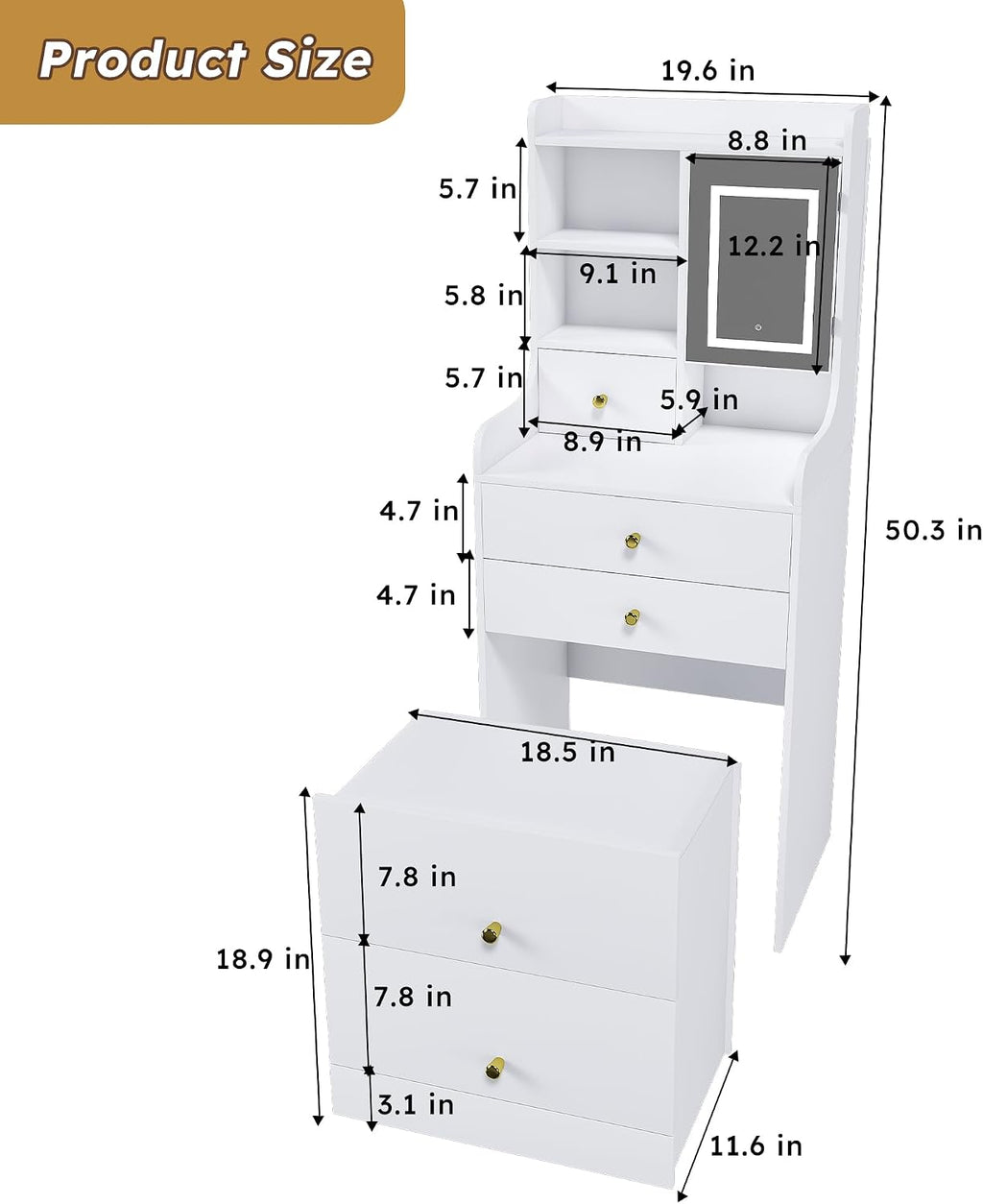 3-in-1 Vanity Desk with LED Mirror and Lights, Compact Makeup Vanity Table with 4 Drawers, Storage Cabinet, Hidden Stool & Shelves for Bedroom, White
