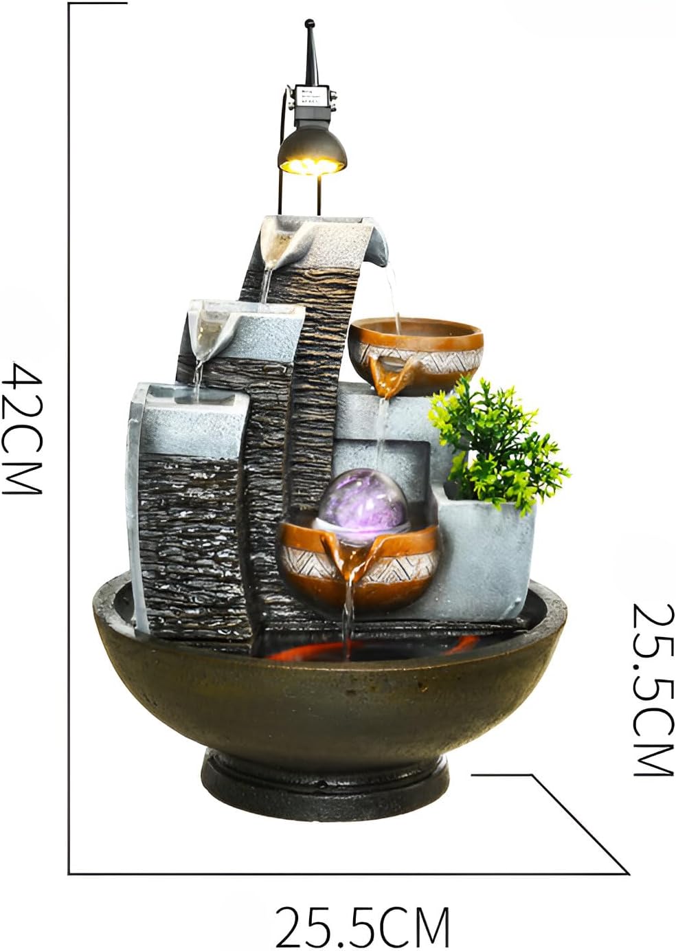16.93' Indoor Tabletop Fountain with LED Fish Tank, Lighted Crystal Ball & Free 10 Natural Crystals – Water Feature for Home, Office, Entryway & Housewarming Gift (Style 2 + Spotlight)