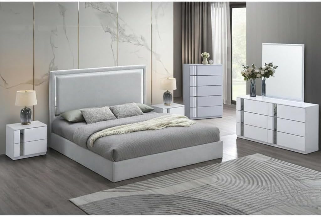 Modern Bedroom 5-Piece Set with Storage - Eastern King Size, Mirror Trim Accent, Gray/White Wood Frame, High Gloss Finish