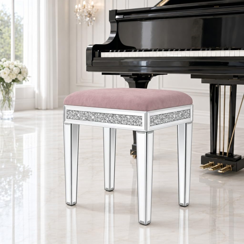 Vanity Stool with Storage – Mirrored Legs, Velvet Cushioned Ottoman, Hidden Compartment, Sparkling Diamond Trim, Glam Makeup Chair & Piano Bench - Silver (Dusty-Pink)
