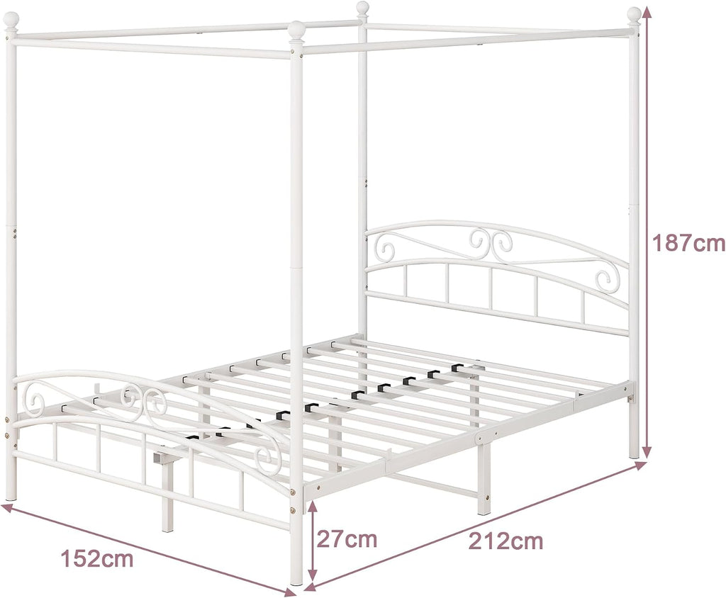 Metal Canopy Bed Frame with Headboard & Footboard Mattress Foundation Sturdy Slatted Structure No Box Spring Needed Easy Assembly, Queen White