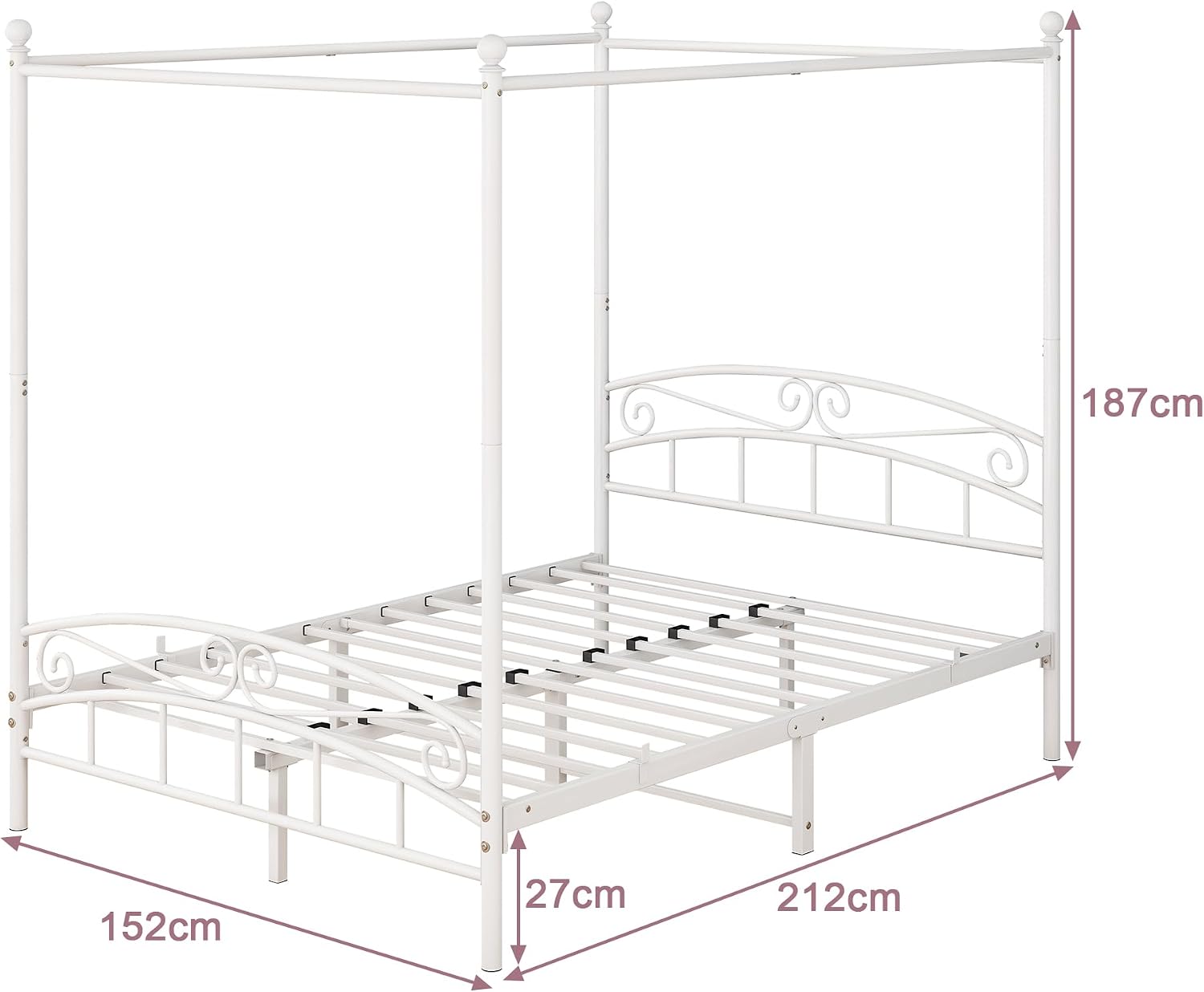 Metal Canopy Bed Frame with Headboard & Footboard Mattress Foundation Sturdy Slatted Structure No Box Spring Needed Easy Assembly, Queen White