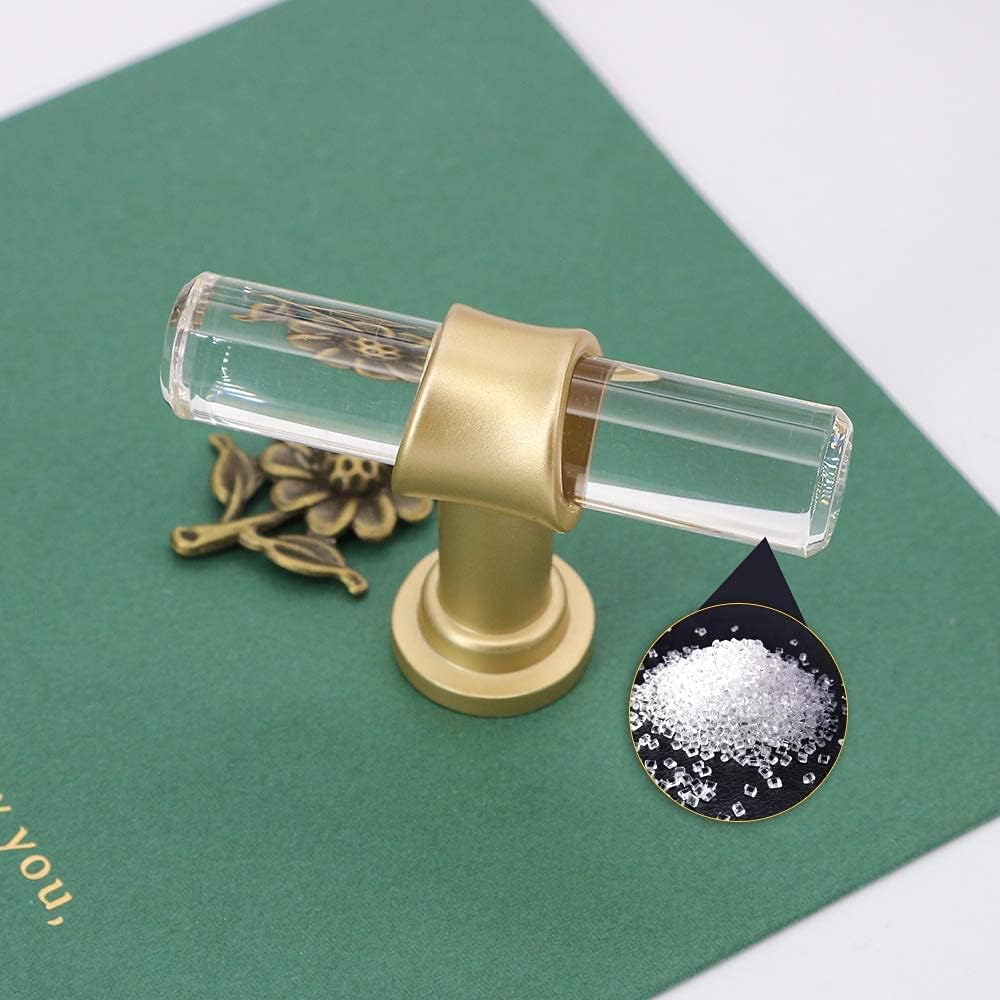 LONTAN 100 Pack Acrylic Kitchen Cabinet Knobs Gold Drawer Knobs Modern T Bar Clear Cabinet Door Handles White Kitchen Hardware for Dresser Bathroom,Zinc Alloy Base