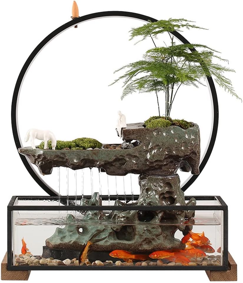 Waterfall Tabletop Fountain Flowing Water Lucky Ornament with Glass Aquarium and Lamp Ring Home Office Tabletop Decoration Indoor Fountain (Color : A)