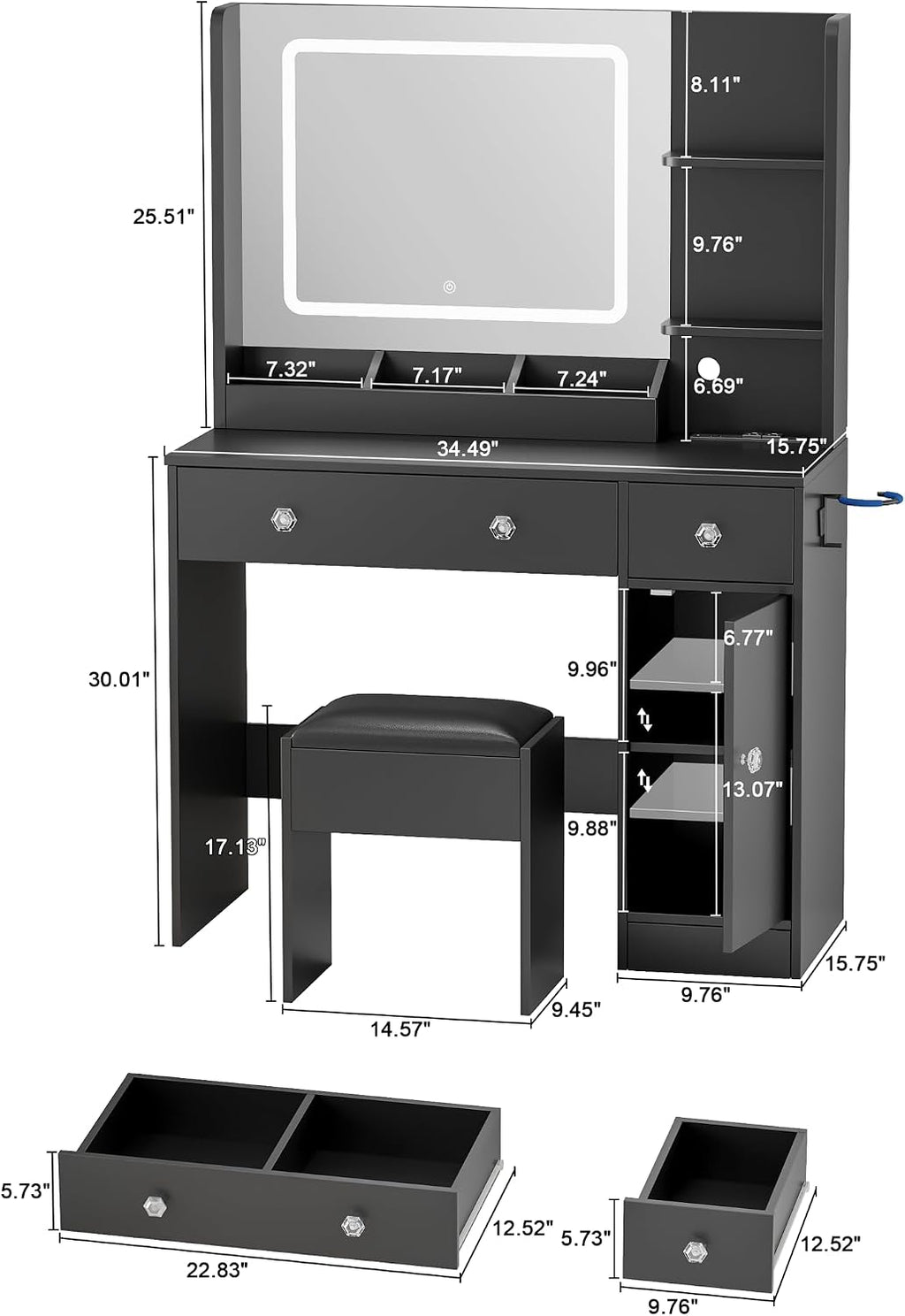 Korfile Makeup Vanity Desk with Mirror and Lights 3 Color, Vanity Set with Power Outlet and Stool, Black Vanity Desk with Cabinet and Drawers,Make Up Dressing Table with Storage Shelves
