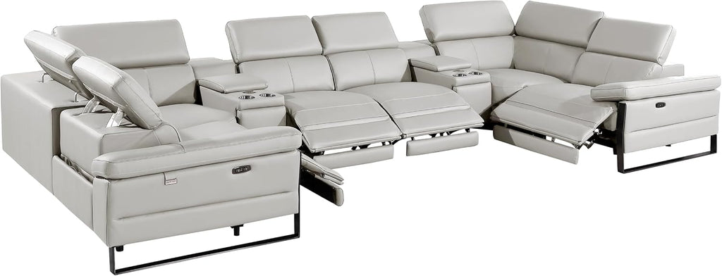 BlackJack Furniture Antonio 8 Piece U Shaped Power Reclining Sectional Sofa, Modular Couch with Top Grain Italian Leather, 4 Electric Recliners, USB & Wireless Chargers, Storage Console, Light Grey