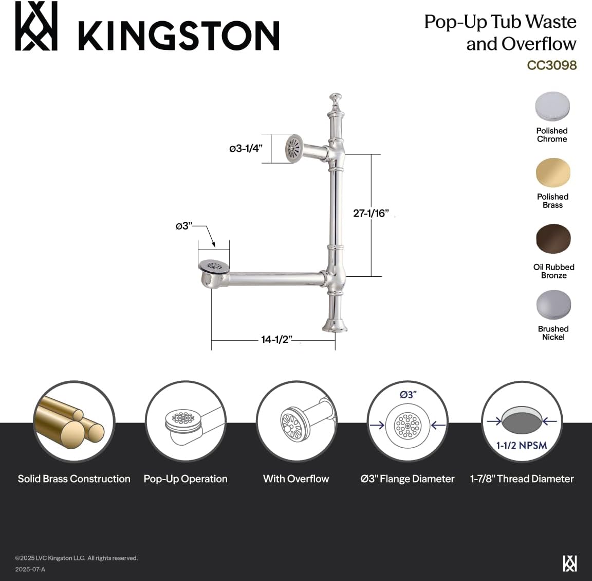 Kingston Brass CC3092 Edwardian British Lever Style Tub Drain, Polished Brass