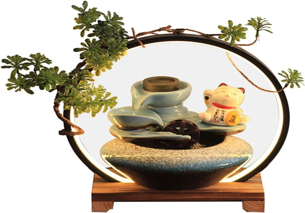 Desktop Fountain， Zen Garden Mini Fish Tank with Lucky Cat Fountain - New Office Desk Water Feature - Feng Shui Gift for Home and Business,Interior Decorations