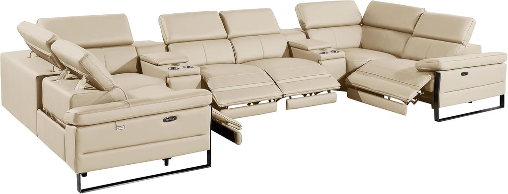 BlackJack Furniture Antonio 8 Piece U Shaped Power Reclining Sectional Sofa, Modular Couch with Top Grain Italian Leather, 4 Electric Recliners, USB & Wireless Chargers, Storage Console, Beige