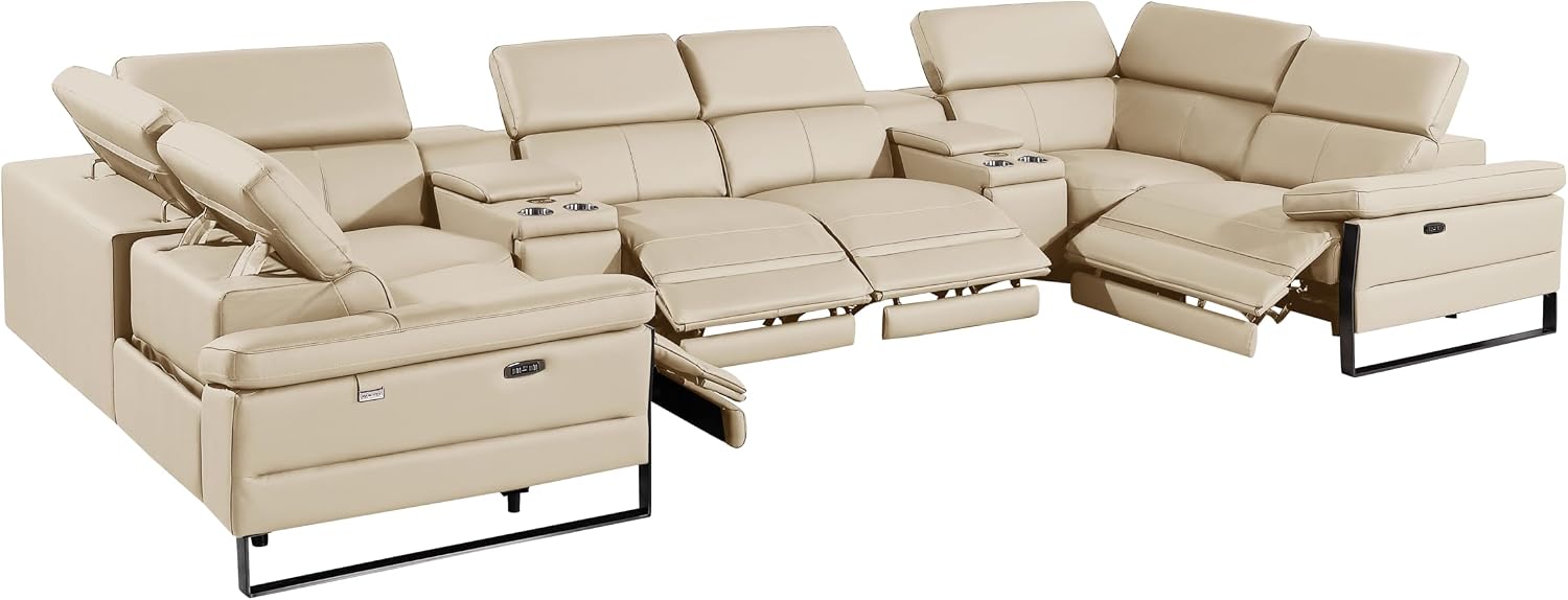BlackJack Furniture Antonio 8 Piece U Shaped Power Reclining Sectional Sofa, Modular Couch with Top Grain Italian Leather, 4 Electric Recliners, USB & Wireless Chargers, Storage Console, Beige