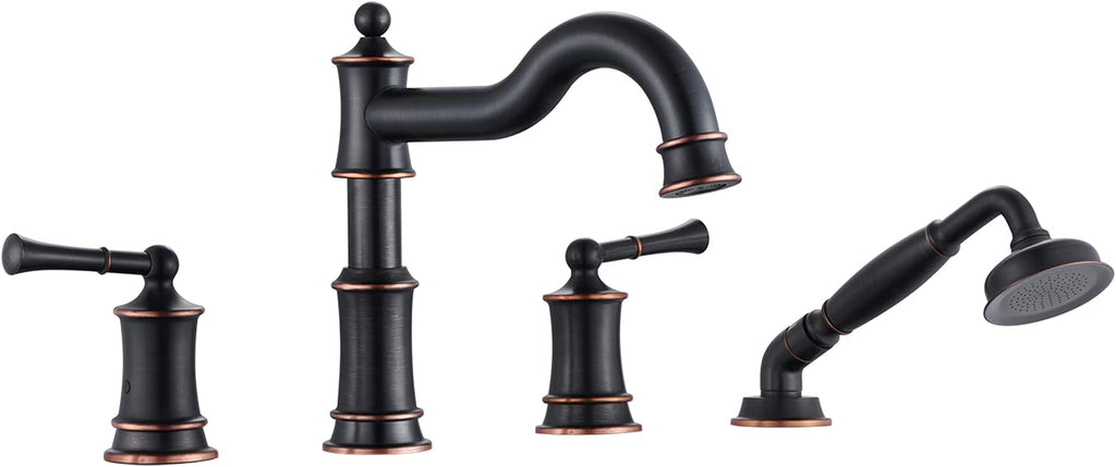 Roman Bathtub Faucet Set With Hand Shower 4 Hole Deck Mount Tub Filler With Diverter, 2 Lever Handle Rough-in Valve and Water Supply Lines Included for Bathroom Tub, ORB