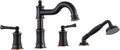 Roman Bathtub Faucet Set With Hand Shower 4 Hole Deck Mount Tub Filler With Diverter, 2 Lever Handle Rough-in Valve and Water Supply Lines Included for Bathroom Tub, ORB