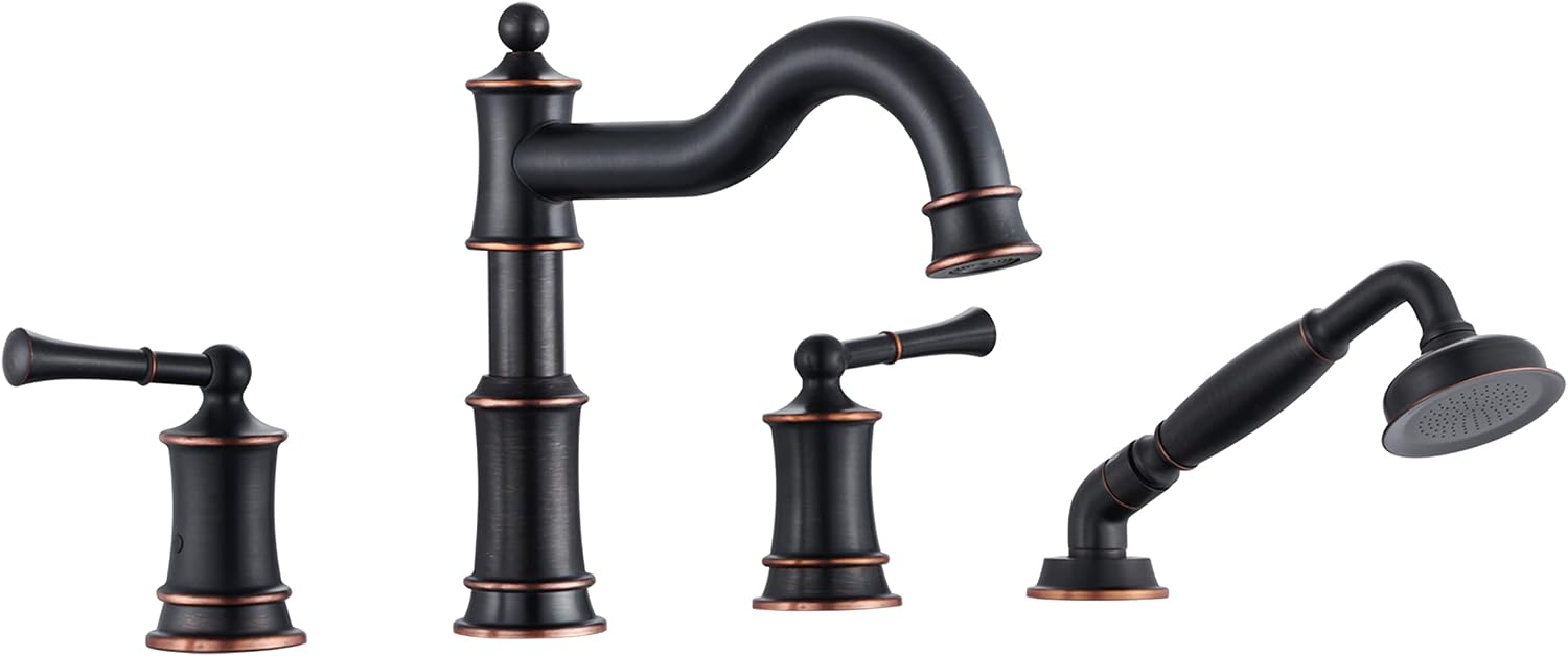 Roman Bathtub Faucet Set With Hand Shower 4 Hole Deck Mount Tub Filler With Diverter, 2 Lever Handle Rough-in Valve and Water Supply Lines Included for Bathroom Tub, ORB