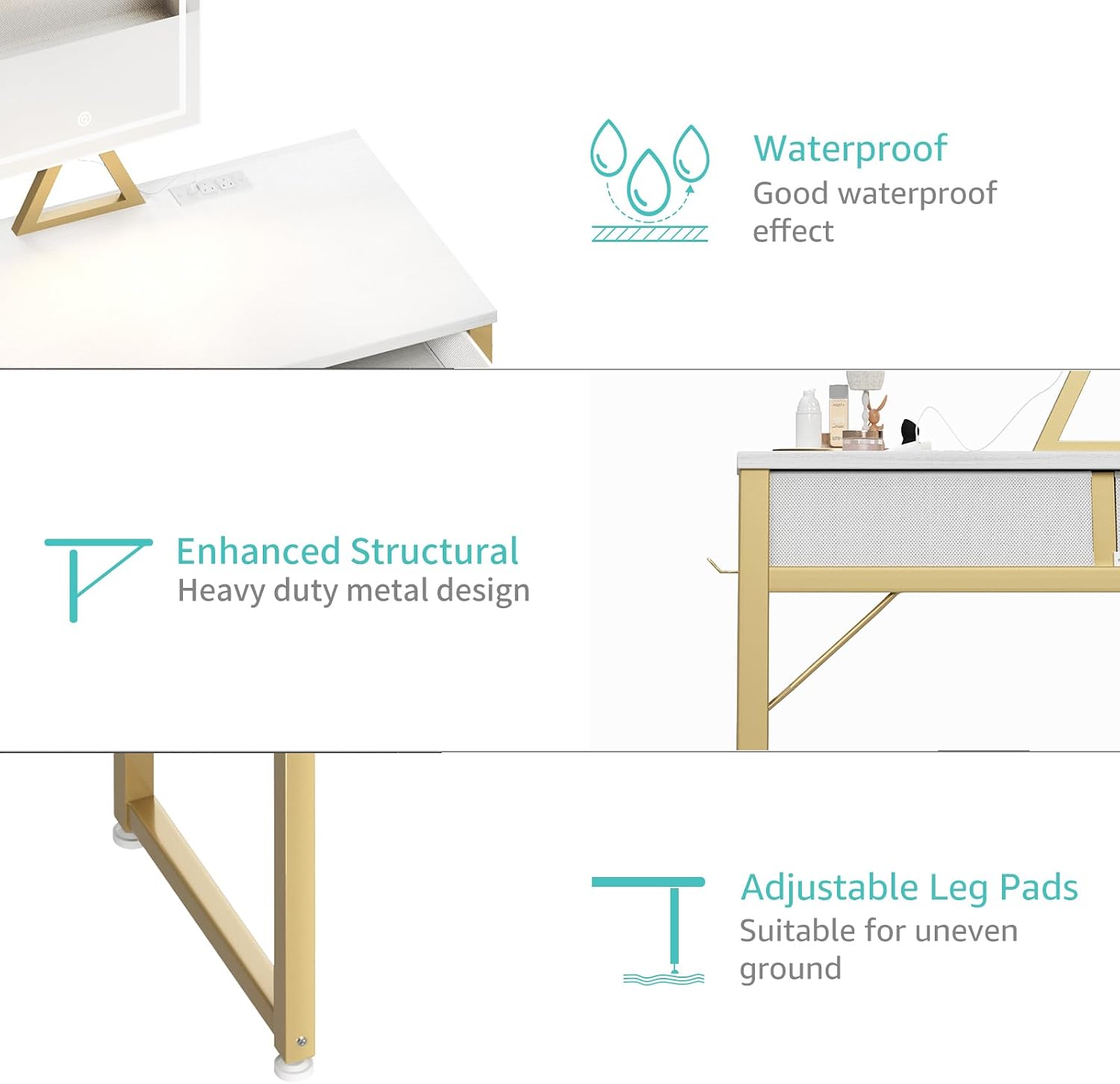 Lufeiya Small Makeup Vanity Desk with Mirror and Light, 32 inch White Vanity Desks Sets with Fabric Drawers for Girls Teen, Dressing Table and Chair Set with Power Outlet for Bedroom, White Gold