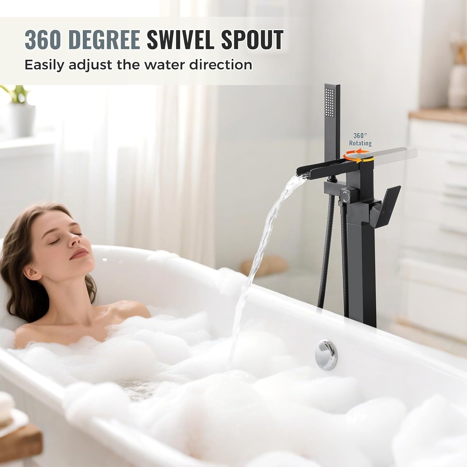 Freestanding Tub Faucet Matte Black: ALEASHA High Flow Max 6.74 GPM Free Standing Tub Filler - Brass Modern Floor Mount Bathtub Faucet with Handheld Shower, for the Ultimate Elegant SPA Experience