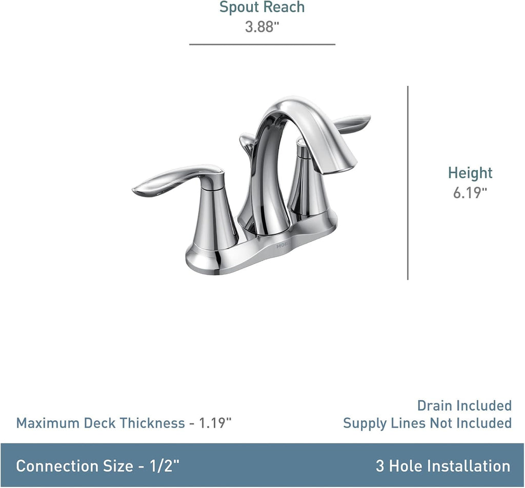 Moen Eva Brushed Nickel Two-Handle 4-Inch Centerset Bathroom Faucet with Drain Assembly, Bathroom Faucets for Sink 3-Hole, 6410BN
