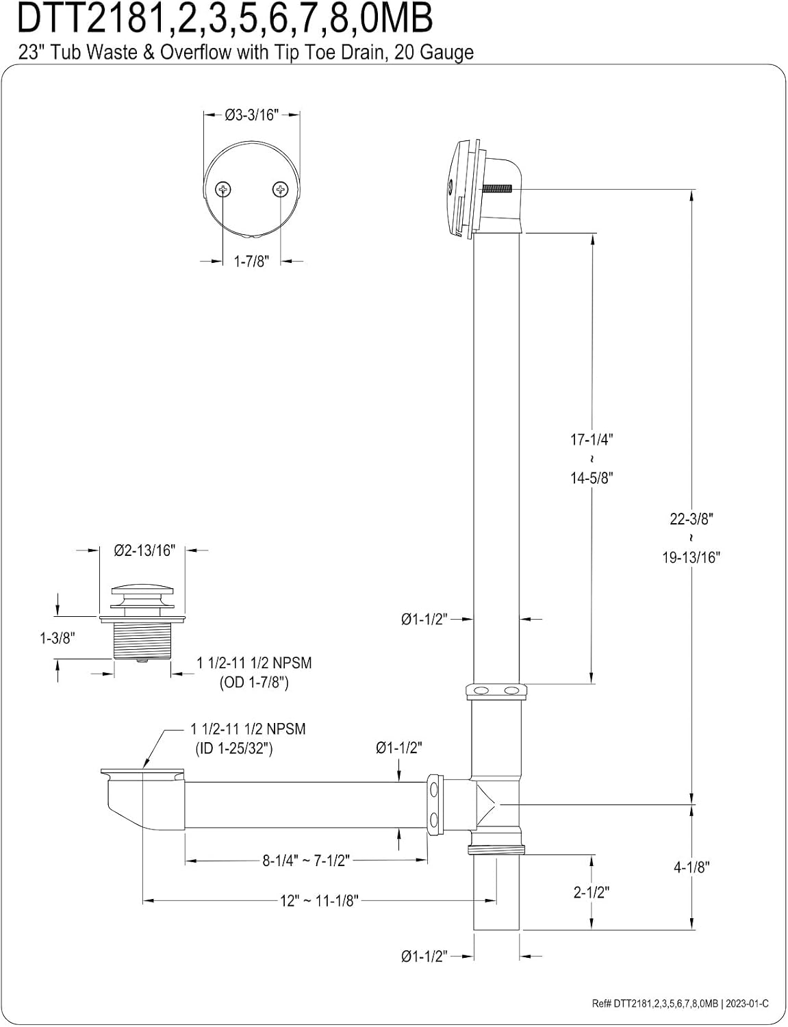 Kingston Brass DTT2188 Tip-Toe Bath Tub Drain and Overflow, Brushed Nickel 26.81 x 12 x 3.19