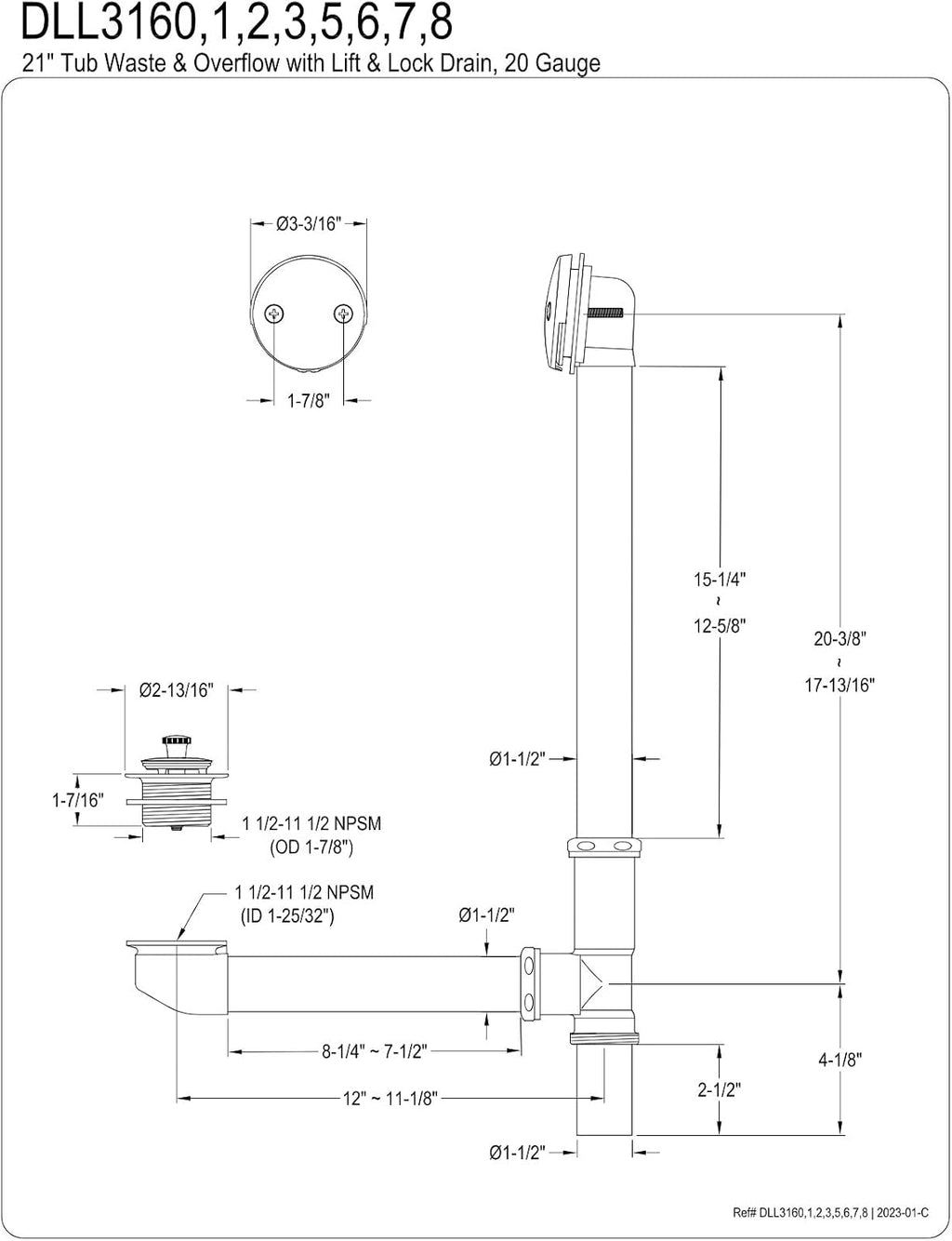 Kingston Brass DLL3165 21-Inch Lift and Lock Tub Waste and Overflow, 20 Gauge, Oil Rubbed Bronze