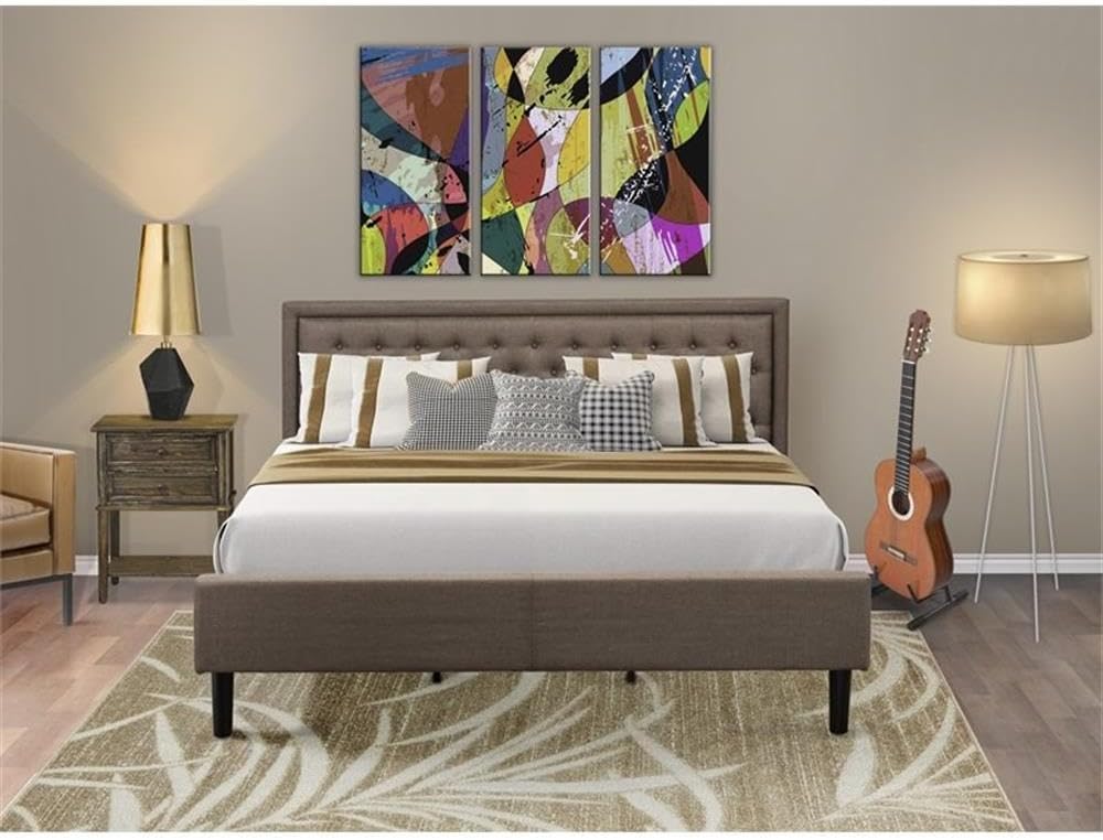 East West Furniture KD18K-1VL07 2 Piece Wood Bedroom Set - 1 Bed Frame Brown Linen Fabric Padded and Button Tufted Headboard with 1 Nightstand - Distressed Jacobean Finish Nightstand
