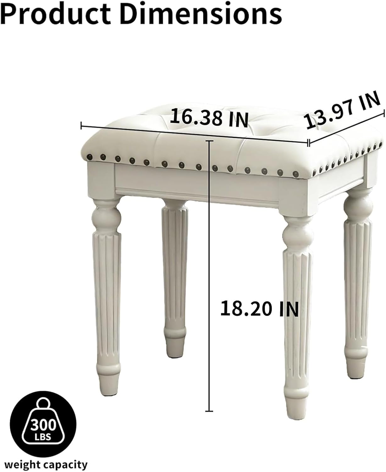 Vanity Stool with White Faux Leather Cushion, Small Vanity Bench-Tufted Leatherette Seat with Nailhead Trim & Button-Tufted Design,Solid Wood Legs with Carved Detail, Backless Makeup Stool for Bedroom