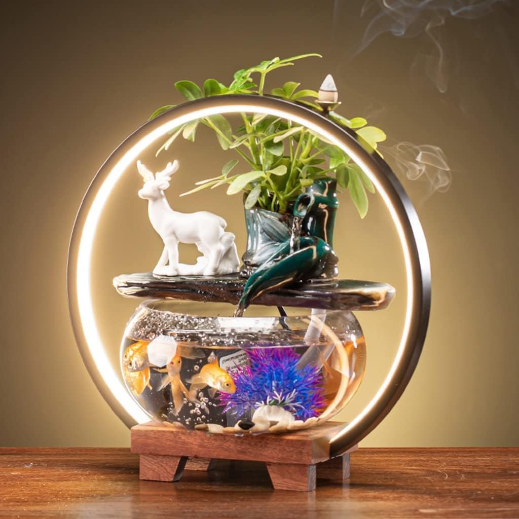 House Decorative Items Tabletop Fountain Water Fountain Ornament with Glass Fish Tank Office Desktop Decoration Home Lucky Ornament Tabletop Waterfall Fountai,A