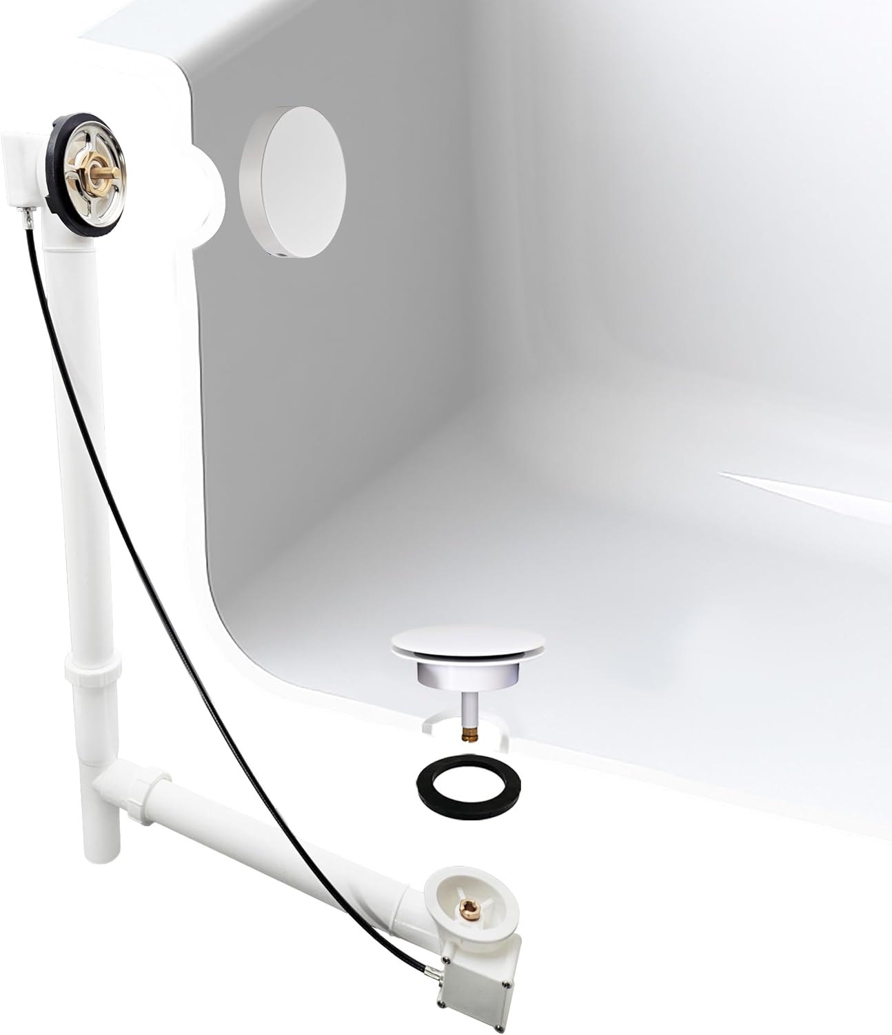 Westbrass D50P27TLERE-50 27' Cable Drive Bath Drain Trim with Rotary Overflow Cover Knob, Pop-Up Stopper and Poly Tubular Pipes & Fittings, Powder Coat White