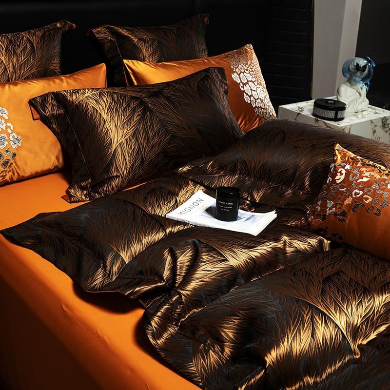100% Long Staple Cotton Luxury 6-Piece Set, Elegant Black and Gold Satin Bedding Set, 3D Embroidered Jacquard, Quilt Cover，Sheet+2 Pillowcases and 2 Cushion Covers (Black Gold,Full)