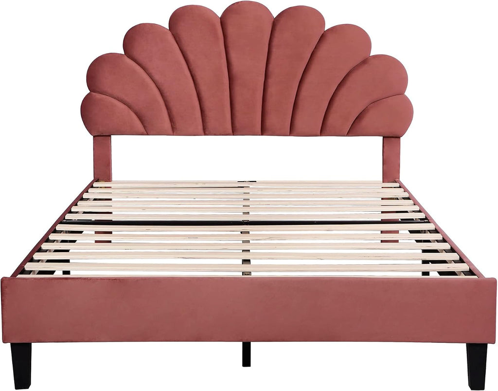 Harper & Bright Designs Full Size Upholstered Platform Bed with Flower Pattern Velvet Headboard, Bean Paste Red