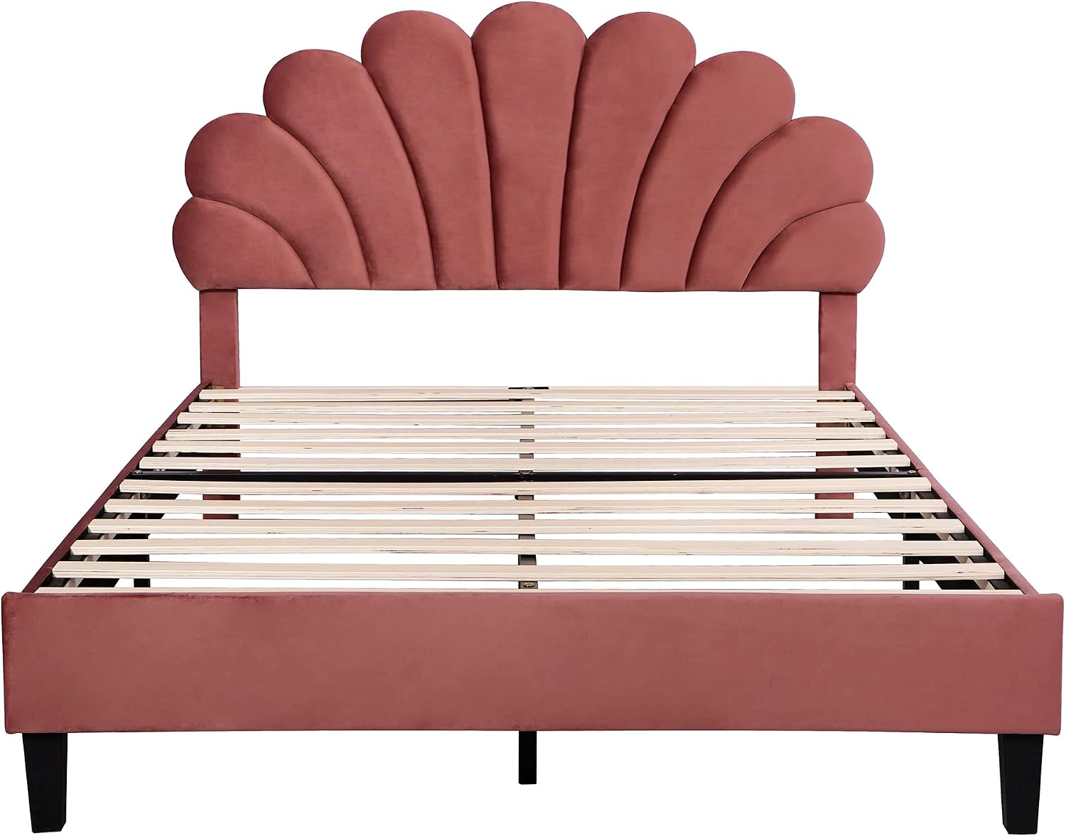Harper & Bright Designs Full Size Upholstered Platform Bed with Flower Pattern Velvet Headboard, Bean Paste Red