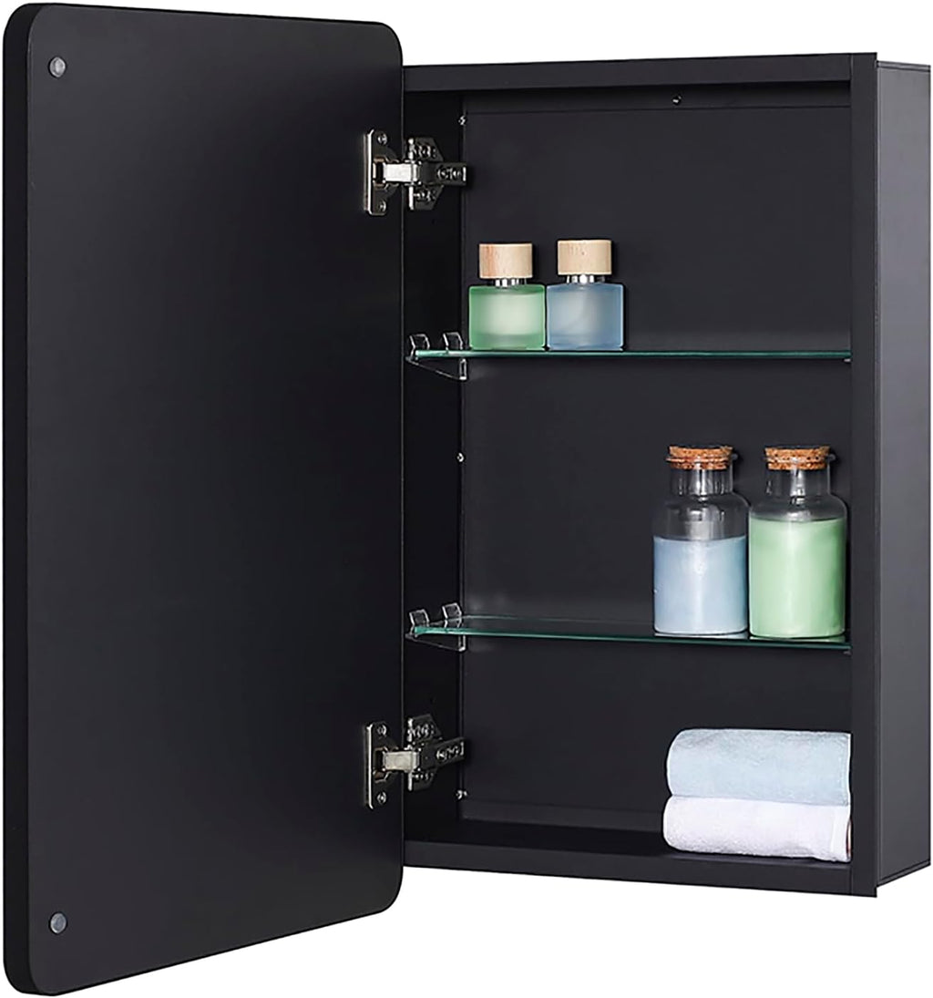 IDYLLOR Black Bathroom Mirror Medicine Cabinet with Round Corner Framed Door and Beveled Edge Mirror 15 x 25 inch, Recessed or Surface Mount, with Adjustable Glass Shelves