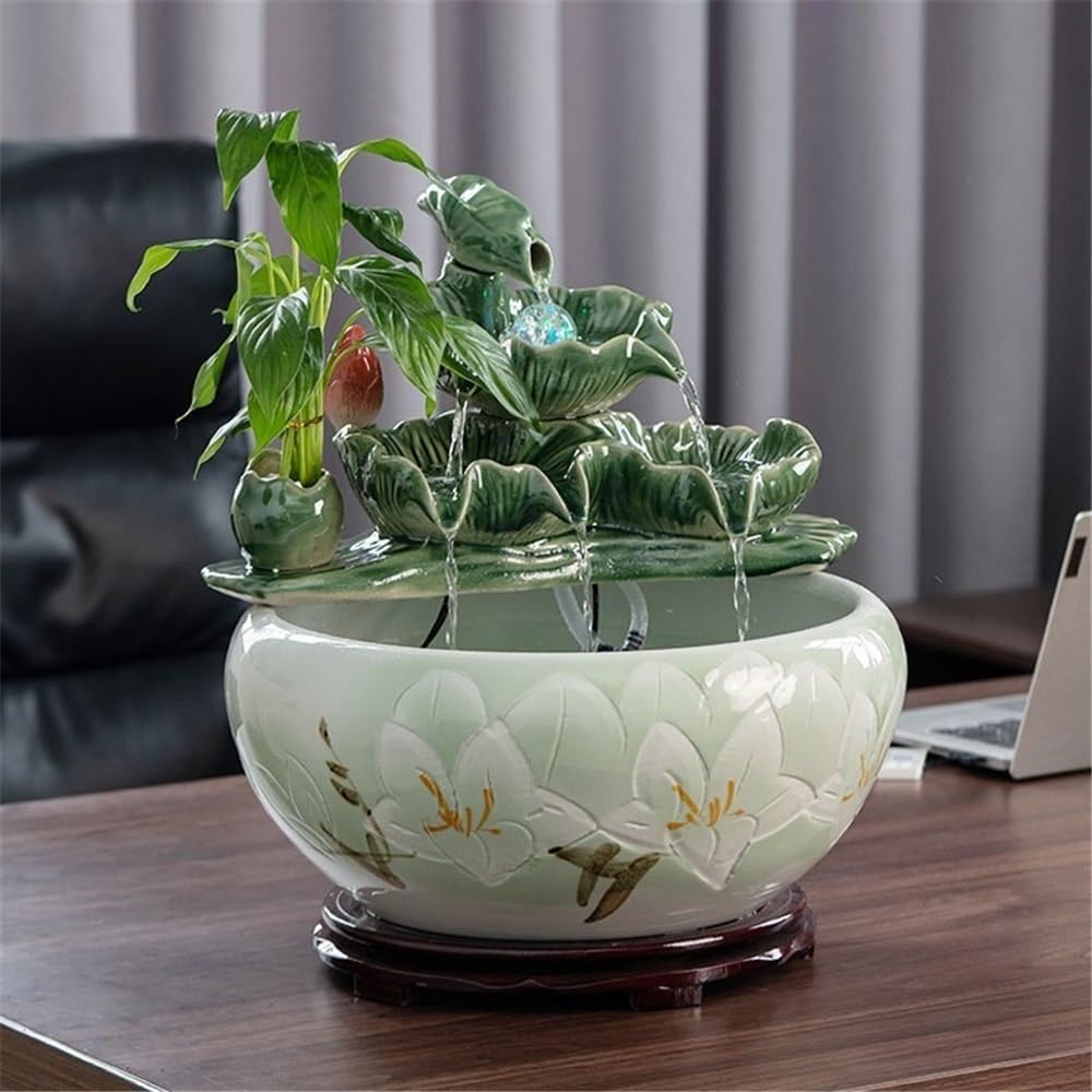 Indoor Waterfall Fountain Chinese-Style Ceramic Tabletop Fish Tank Tabletop Fountain Water Feature Office Decor,S