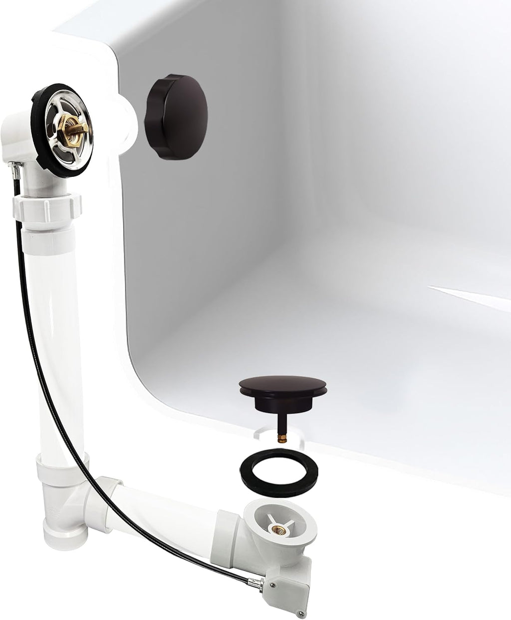 Westbrass D50P27BJ-12 27' Cable Drive Standard Bath Drain Trim Kit with Rotary Overflow Cover Knob on a Ball Joint Elbow, Pop-Up Stopper and Sch. 40 PVC Fittings, Oil Rubbed Bronze