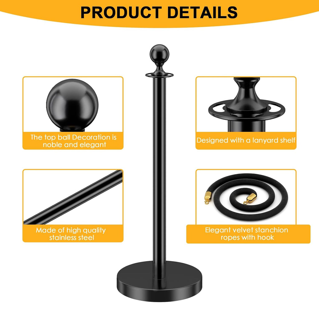 LOVMOR 12Pcs Black Stanchion Posts Queue with 8pcs Black Velvet Rope, Crowd Control Barriers Queue Line Rope, Crowd Control Stanchion for Party Supplies