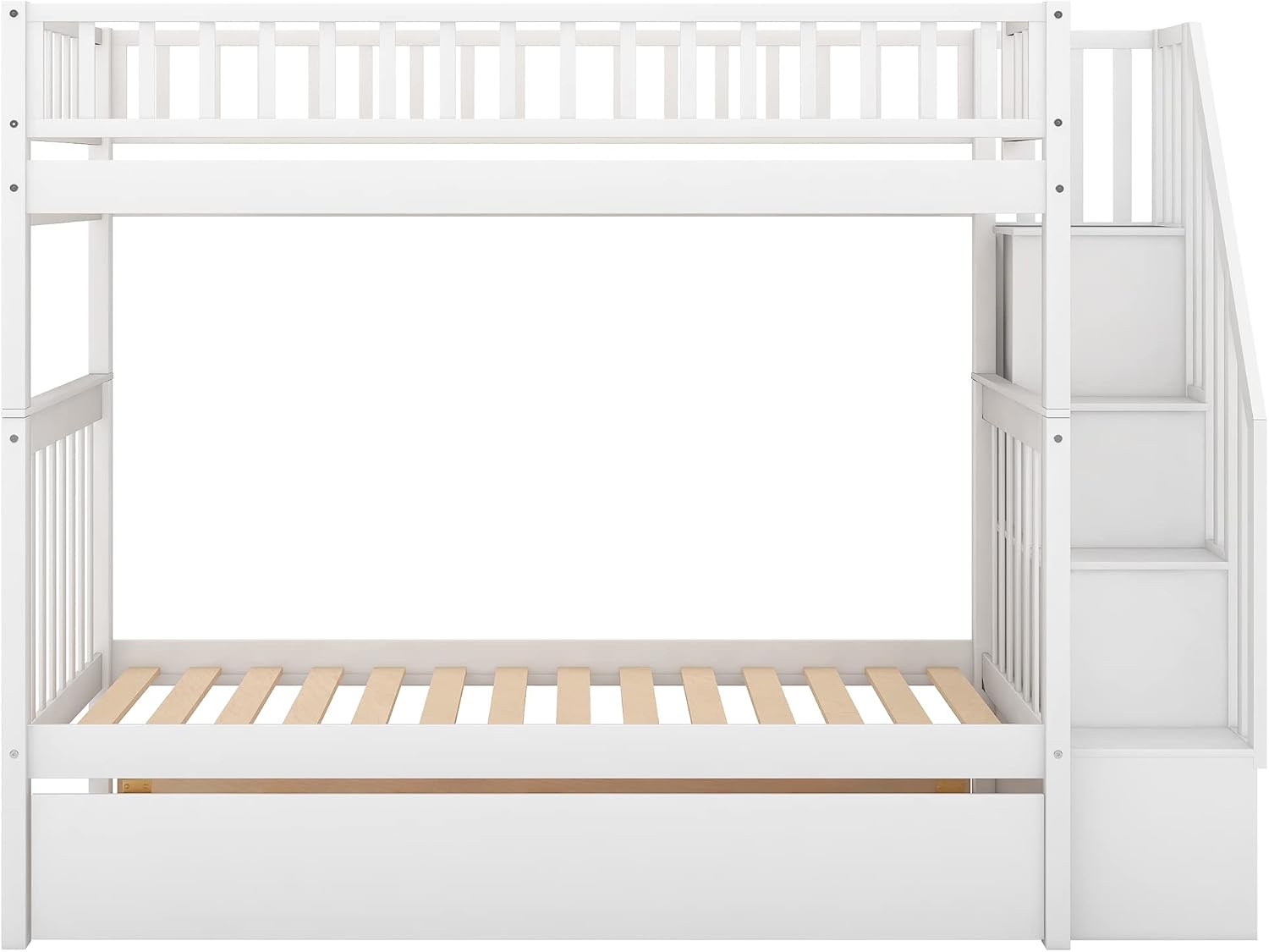 Solid Wood Twin Over Twin Bunk Bed with Trundle, Staircase, 4 Storage Shelves and Guard Rail, Can be Split Into 3 Separate Beds, No Box Spring Needed (White+3 Bed)