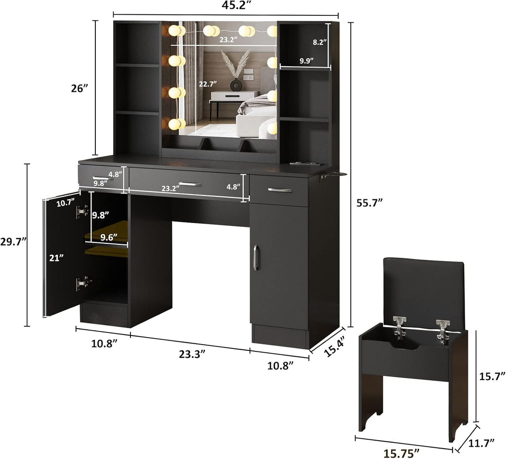 Vabches Makeup Vanity Table with Lighted Mirror & Power Strip, Large Vanity Set Vanity Desk with Storage Stool, 3 Lighting Modes, Brightness Adjustable, 45.2in(Large, Black)