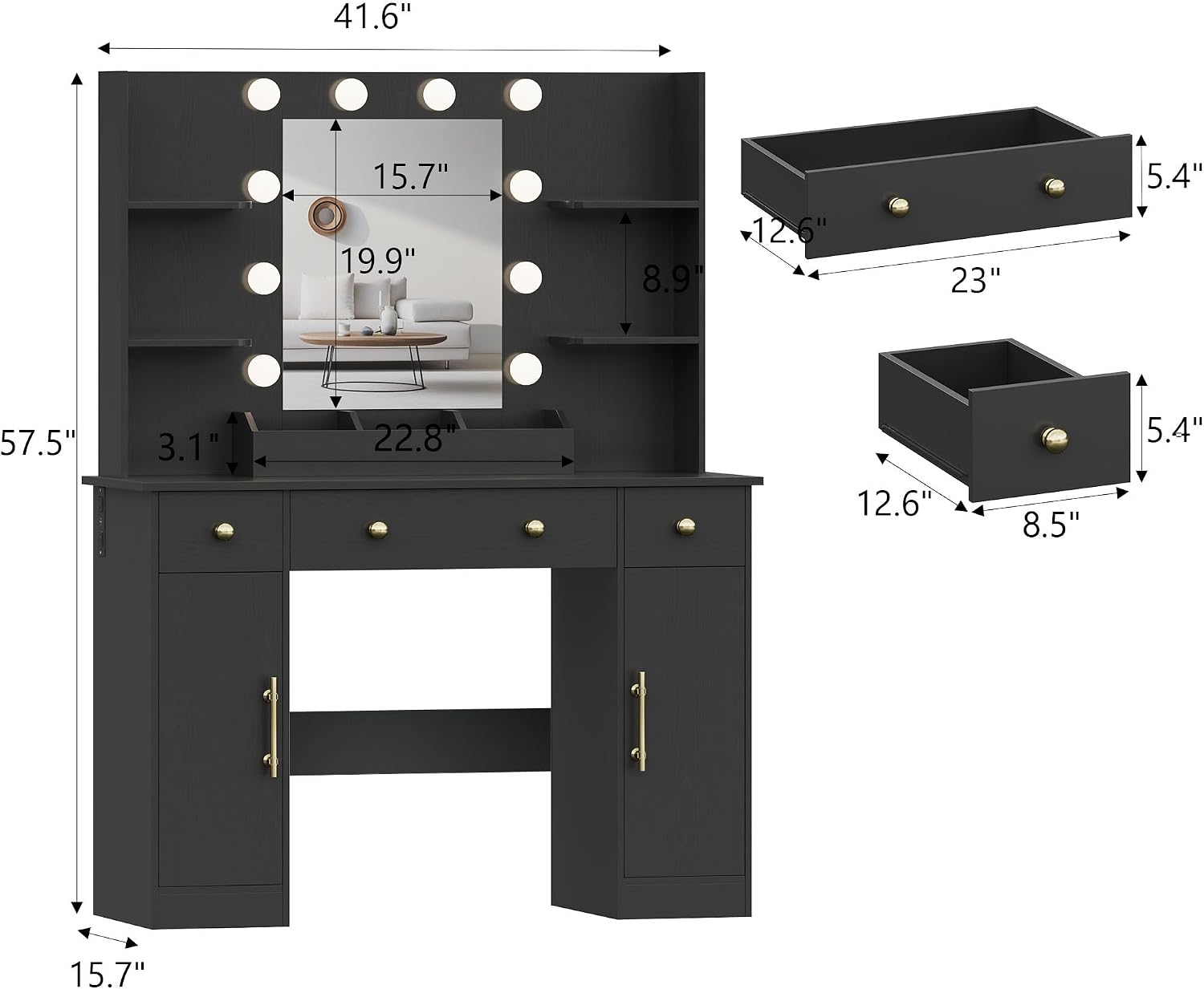 Wodeer Makeup Vanity Desk with Mirror and Lights, 43' Black Vanity Set with 3 Drawers, Power Outlet & Adjustable RGB LED Lights, Dressing Table with Storage Shelf for Women & Girls Bedroom