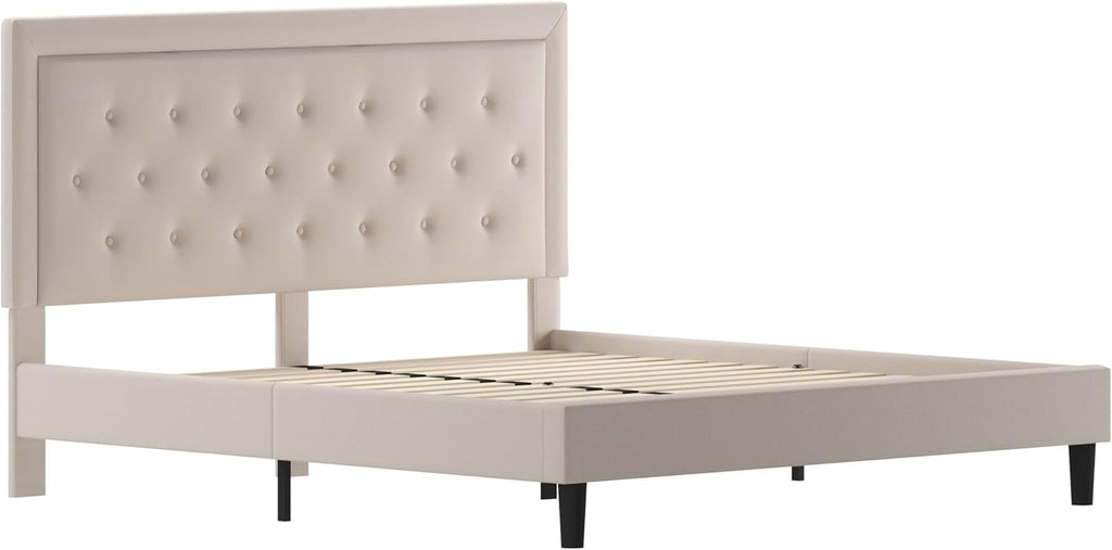 Flash Furniture Roxbury King Size Tufted Upholstered Platform Bed in Beige Fabric