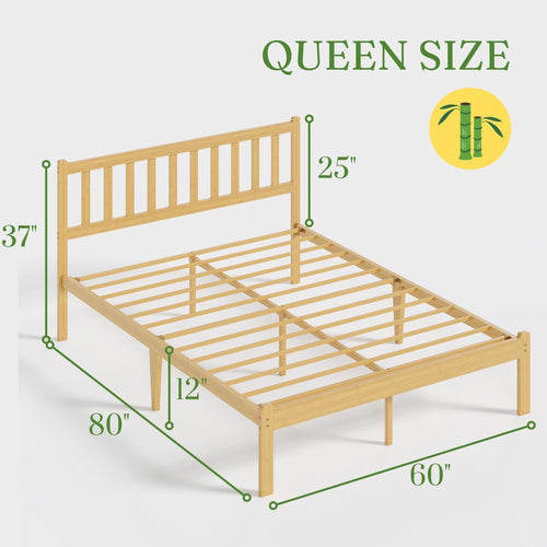 12 in High Solid Bamboo Wood Platform Queen Bed Frame with Headboard, Bed Frame Queen Size, Heavy Duty, No Box Spring Needed, Nosie Free