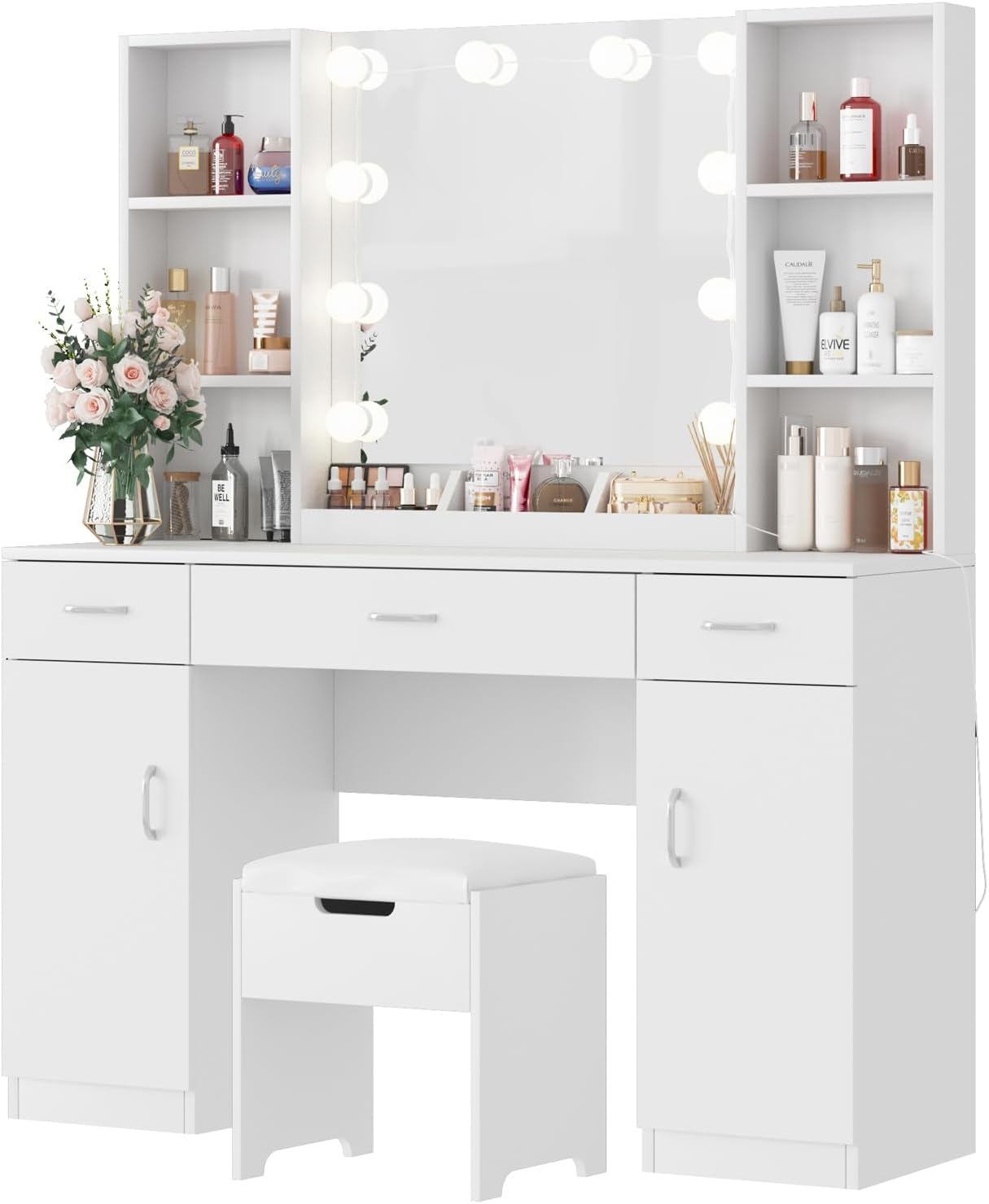Vabches Vanity Desk with Lighted Mirror, Large Makeup Vanity Table Set with Storage Bench & Cabinets, 3 Brightness Mode, 45.2inch (W), White