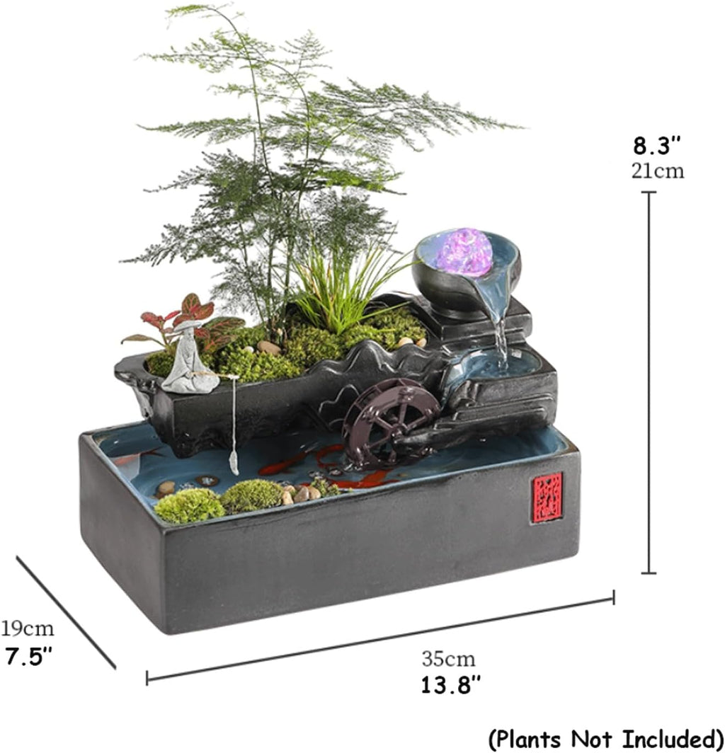 Ceramic Tabletop Fountain Relaxing Indoor Water Fountain w/Crystal Ball & Atomizer Small Fish Tank Water Feature for Desk