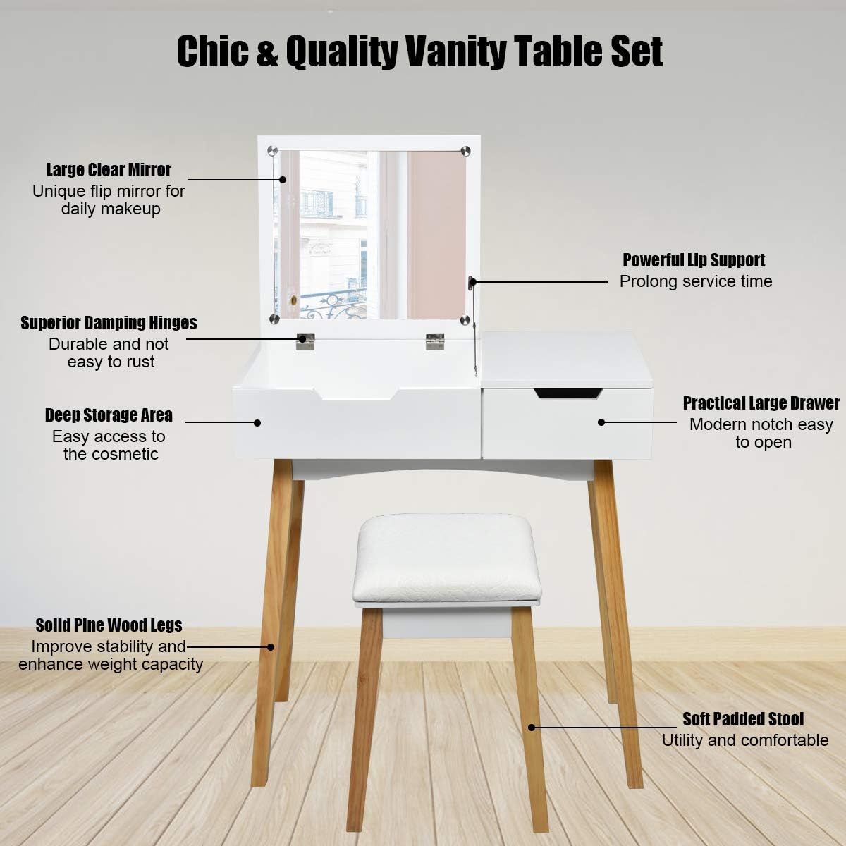 CHARMAID Vanity Table with Flip Top Mirror and Stool, Wooden Makeup Table Writing Desk with Drawer, Storage Compartment, Bedroom White Dressing Vanity Set for Kids Girls Women, Easy Assembly