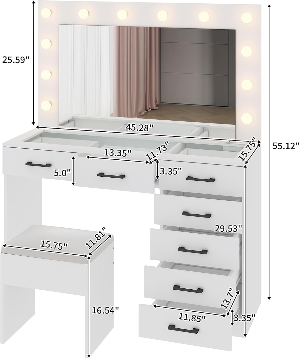VINGLI Makeup Table with Large Mirror and 12 LED Light Bulbs, Vanity Desk Set with Padded Stool & 7 Drawers, Dressing Table with Glass Top & Charging Station for Dressing Room Bedroom, White
