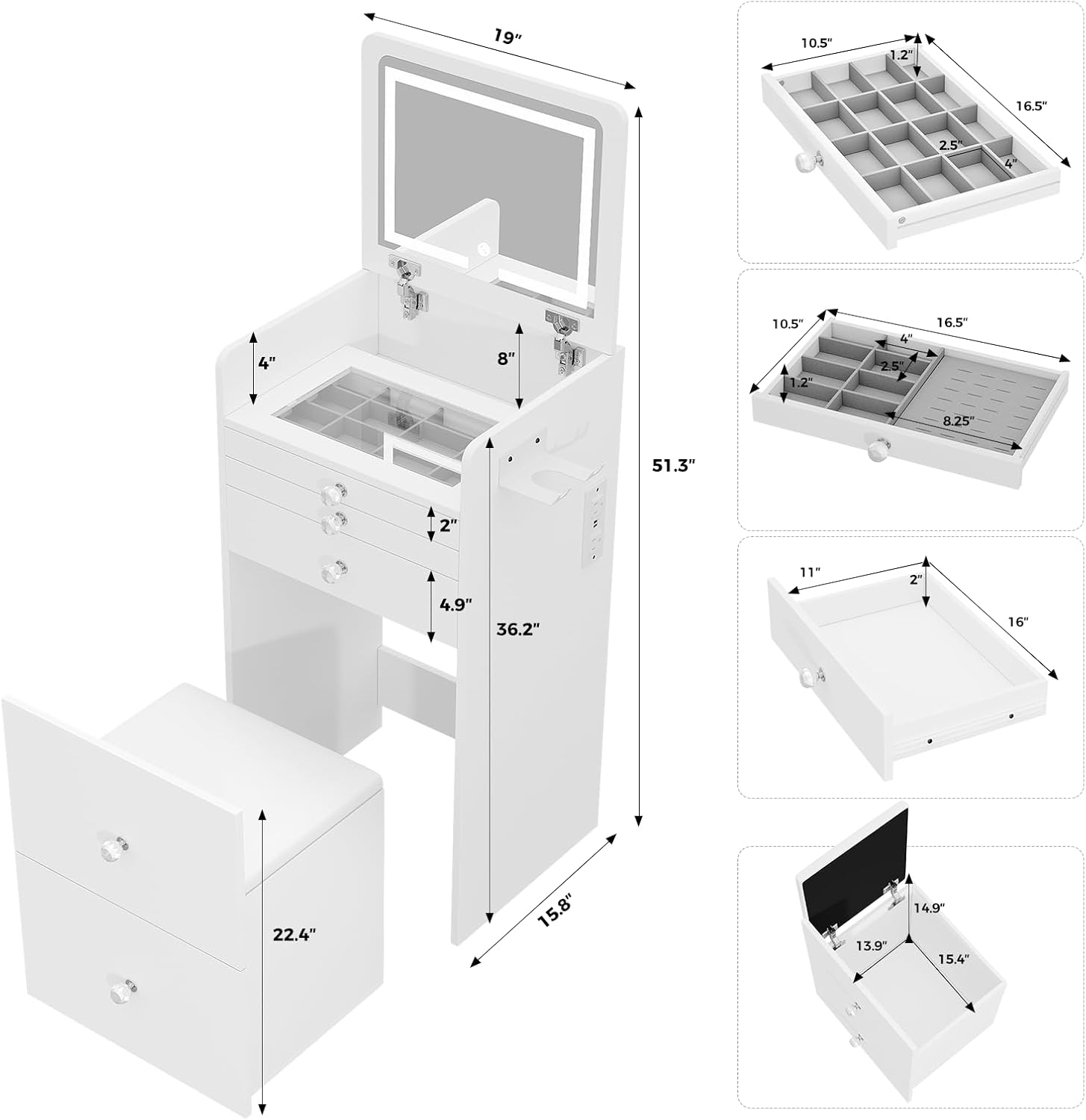 VOWNER 3-in-1 Vanity Desk with Flip Top LED Light Mirror and Glass Desktop, Small Makeup Vanity with 3 Drawers, Compact Dressing Table with Stool for Bedroom, White 19' L