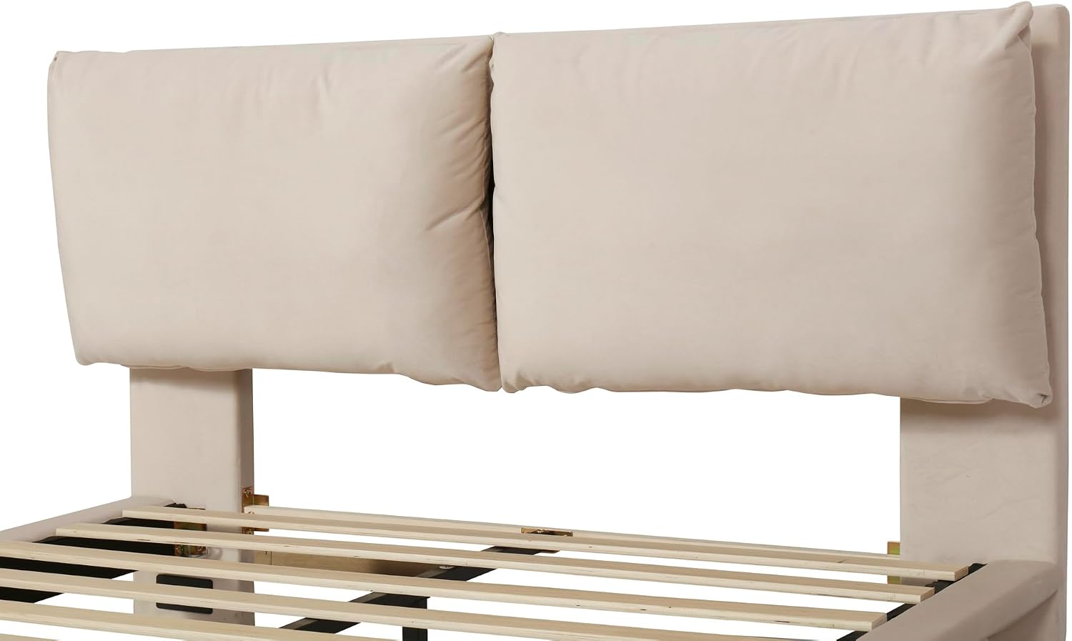 Ball & Cast Queen Size Floating Bed Frame,Velvet Upholstered Platform Bed with Sensor Light and 2 Large Backrests,Two Sets of USB Port,Slat Support,No Box Spring Needed,for Apartment,Bedroom,Beige