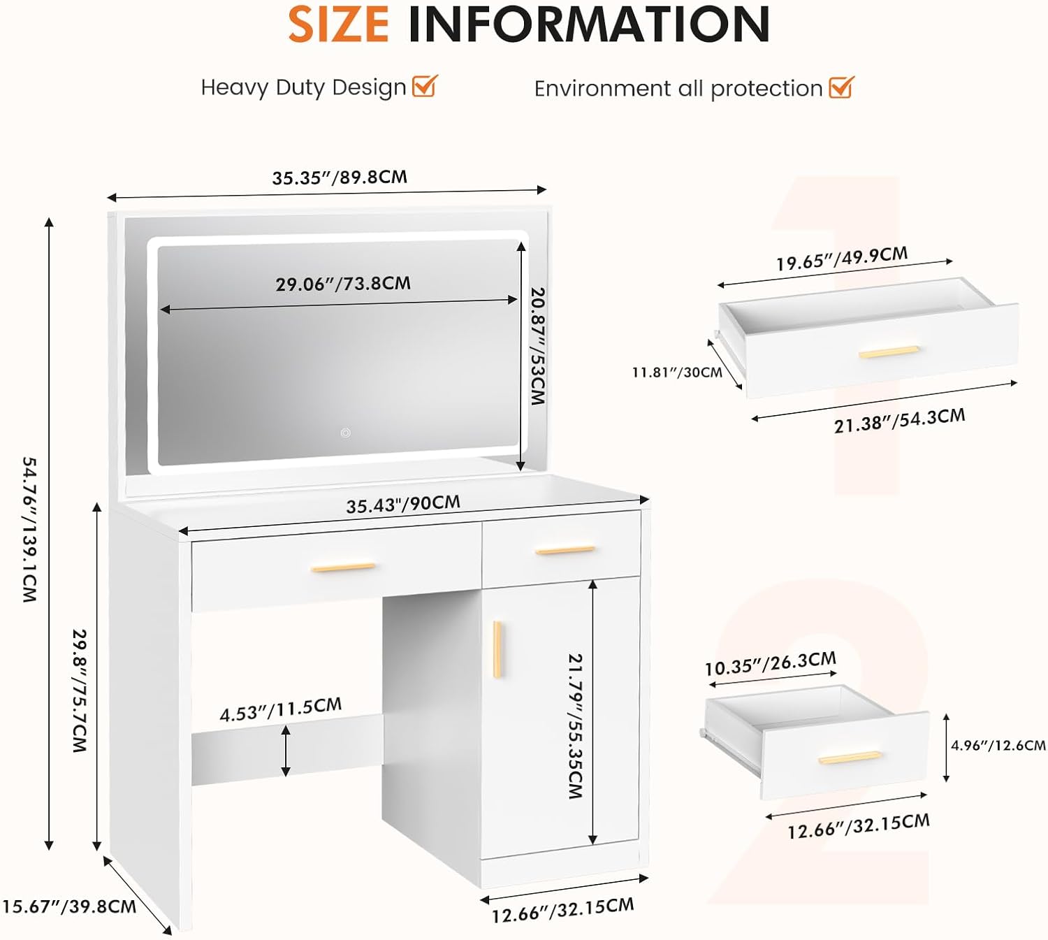 Sweetcrispy Vanity Desk with 35.4' LED Mirror and Lights, Makeup Vanity Table with Charging Station (2AC/USB/C), 2 Drawers & Large Cabinet, 3 Lighting Color Adjustable, Modern Dressing Table, White