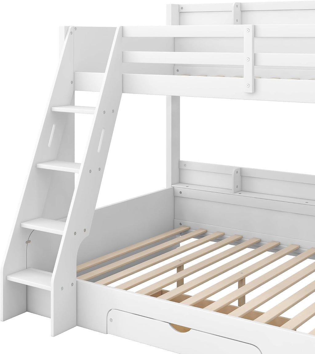 RUNNA Twin Over Full Bunk Bed with Storage Shelves, LED, Charging Station and a Drawer, Solid Wood Bunk Bed for Kids, Teens, Adults (White/LED)