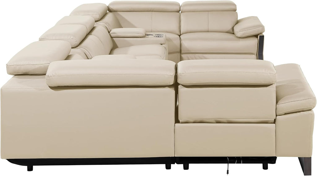 BlackJack Furniture Antonio 8 Piece U Shaped Power Reclining Sectional Sofa, Modular Couch with Top Grain Italian Leather, 4 Electric Recliners, USB & Wireless Chargers, Storage Console, Beige