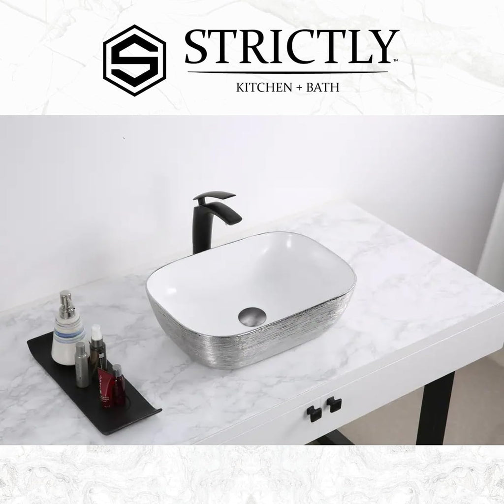 Strictly Sinks 19 Inch Bathroom Vessel Sink – Rectangular Silver & White Porcelain Countertop Bathroom Sink – Easy to Install Above Counter Luxurious Vessel Sink for Bathroom (19-3/4″ W x 16″ L x 6″H)