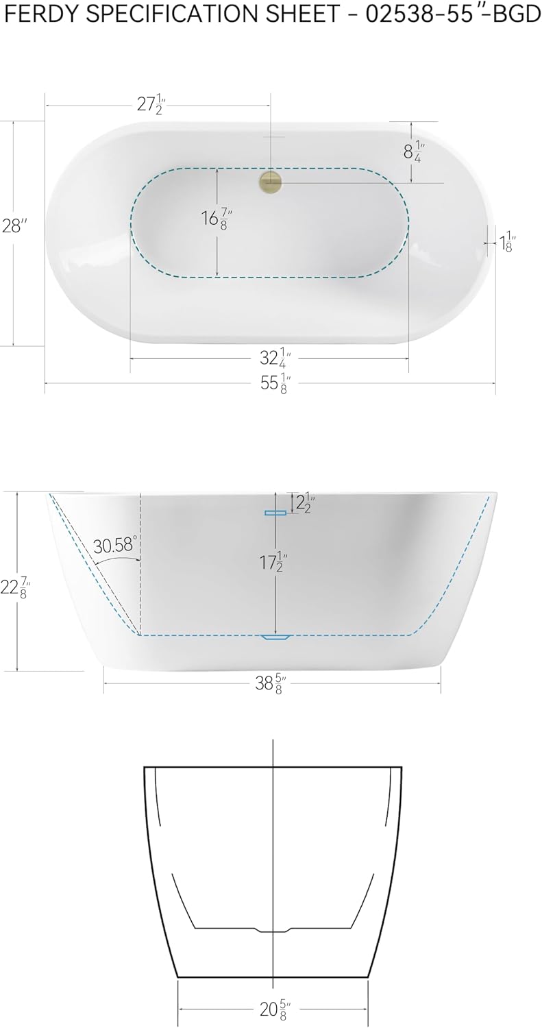 FerdY Bali 55' Freestanding Bathtub, Glossy White Freestanding soaking tub with Brushed Gold Drain & Integrated Slotted Overflow, cUPC Certified