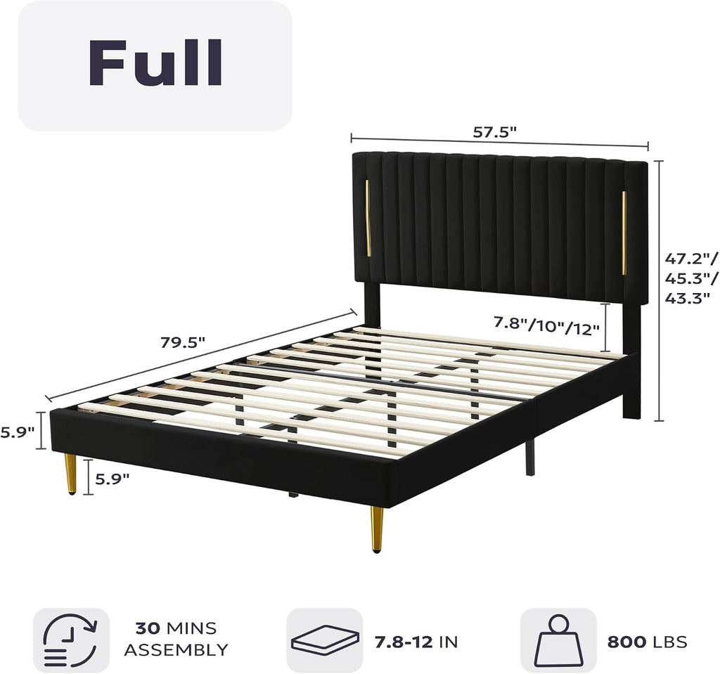 Furnify Full Platform Bed Frame, Velvet Upholstered Bedframe with Vertical Channel Adjustable Headboard, Golden Plating Trim, Mattress Foundation with Wooden Slats, No Box Spring Needed, Black